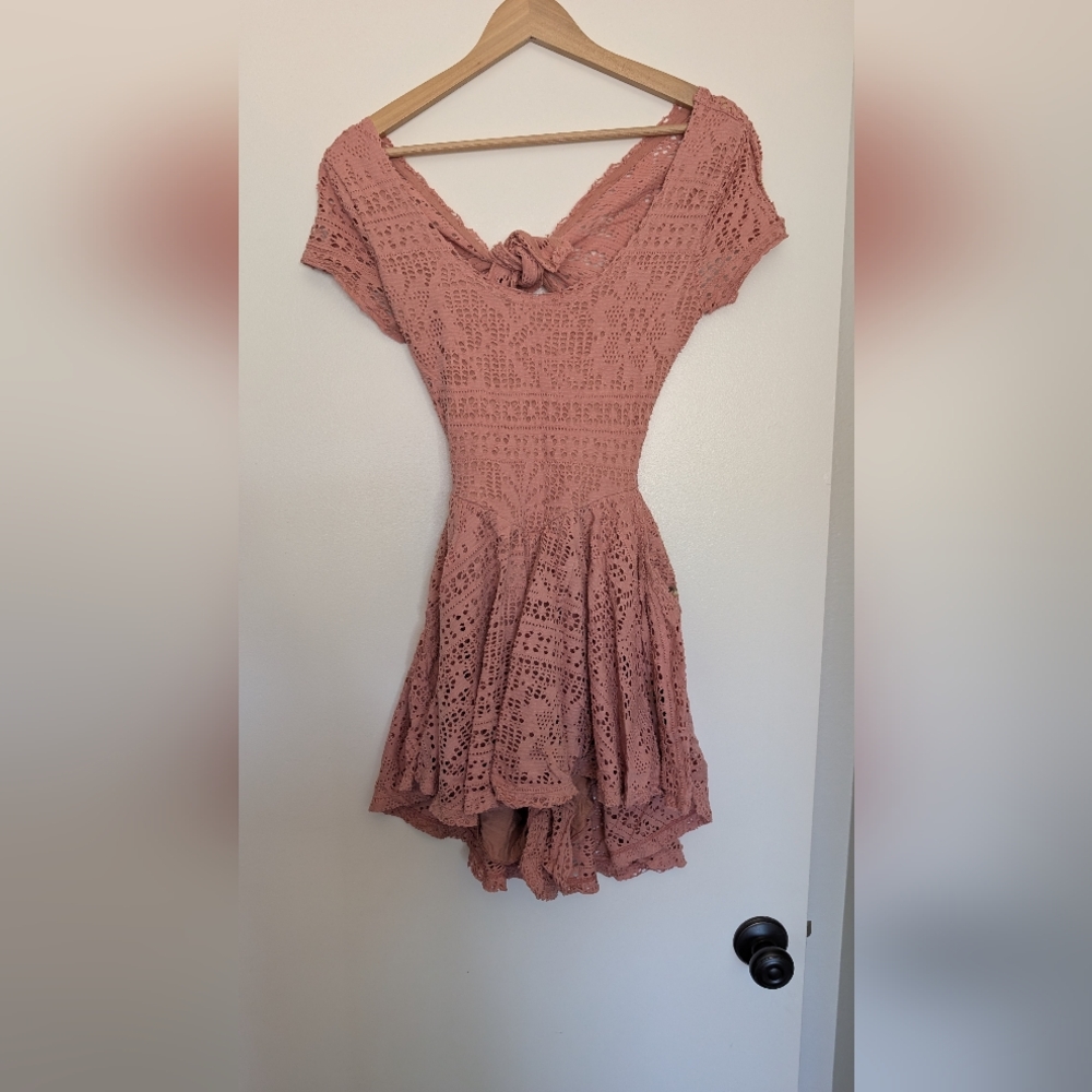 Free People pink lace dress tomper with POCKETS and tie back women's small - Picture 3 of 4